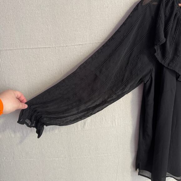 1 State Blouse Size 2X Black Sheer Layered Long Sleeve Embroidered Ruffle Neck - Picture 3 of 10